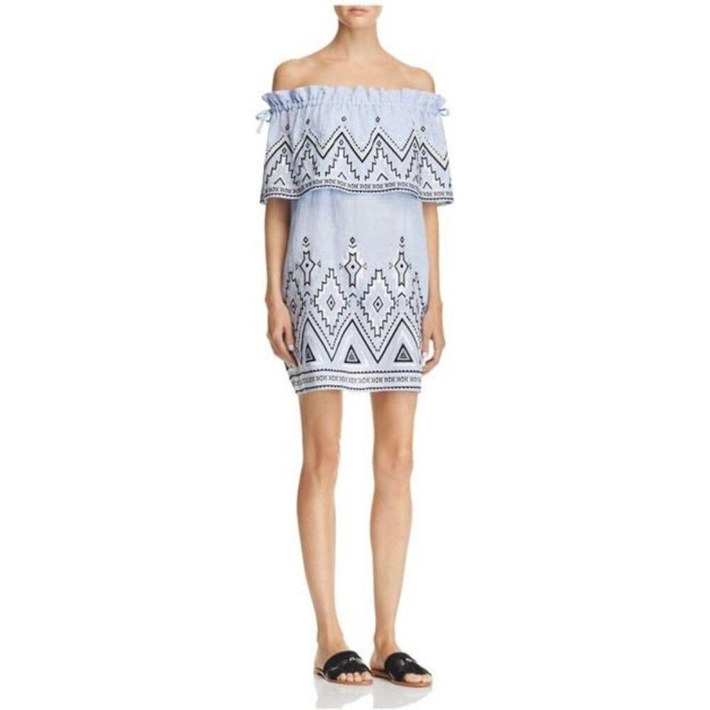 PARKER Off Shoulder Linen Festival Embroidered Boho Mini Dress XS Blue $328
